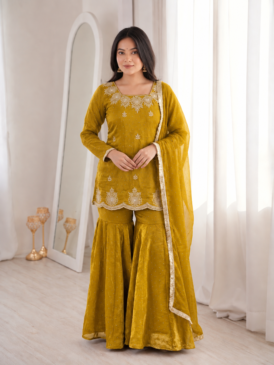 Risha Mustard Yellow Zari Embroidered Suit Set