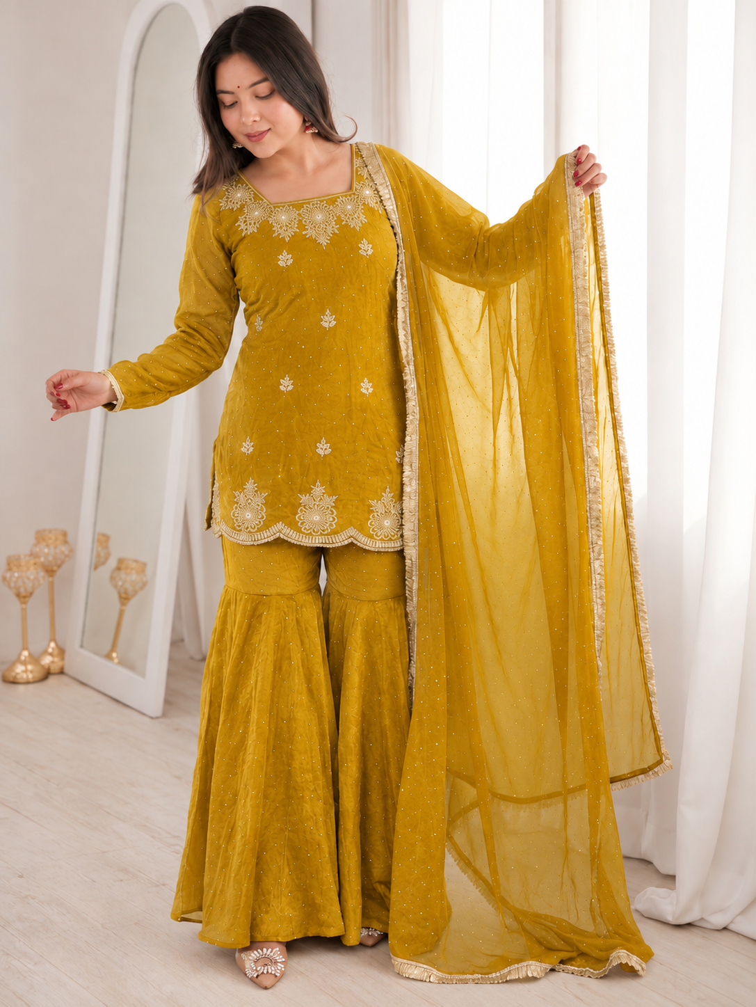 Risha Mustard Yellow Zari Embroidered Suit Set