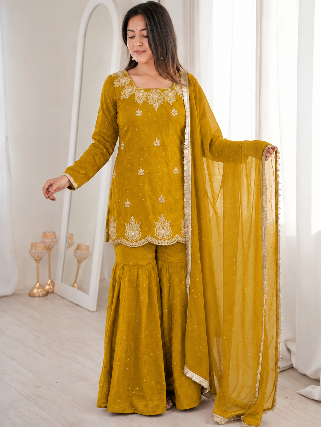 Risha Mustard Yellow Zari Embroidered Suit Set