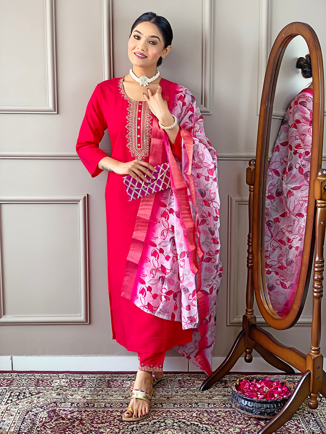 Denouement Red Pure Viscose Chanderi Embroidary Suit Set