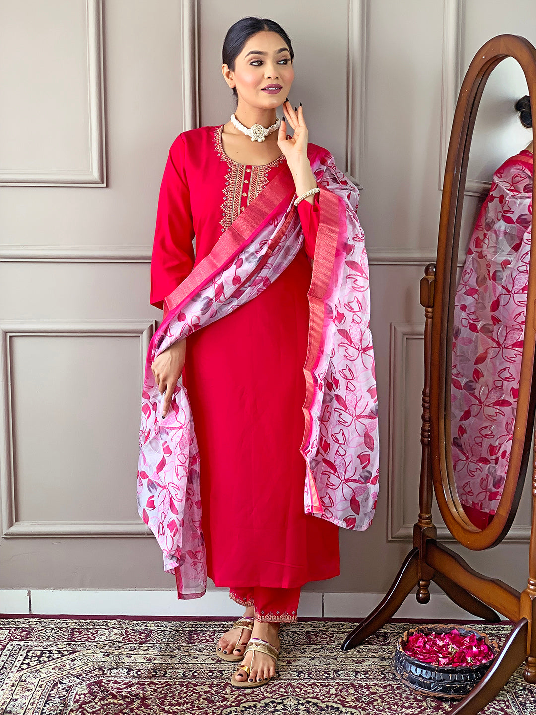 Denouement Red Pure Viscose Chanderi Embroidary Suit Set