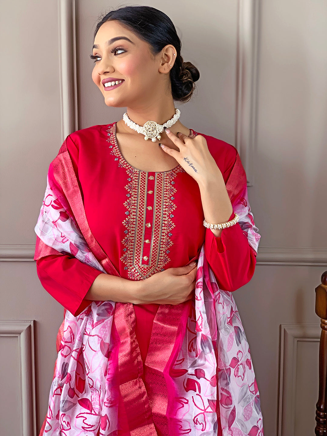 Denouement Red Pure Viscose Chanderi Embroidary Suit Set