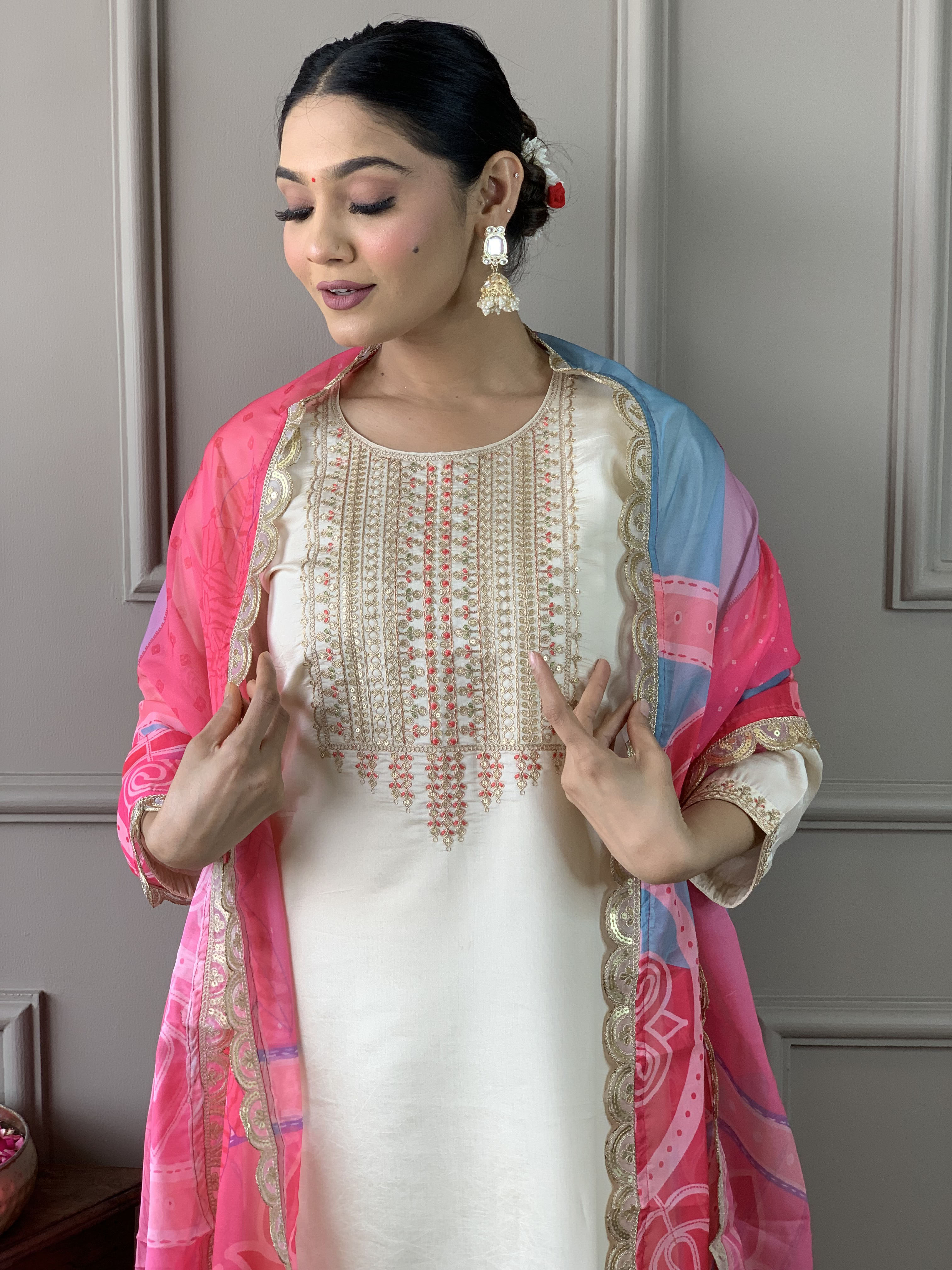 Exceptional Off White Chanderi Silk Embroidary Suit Set