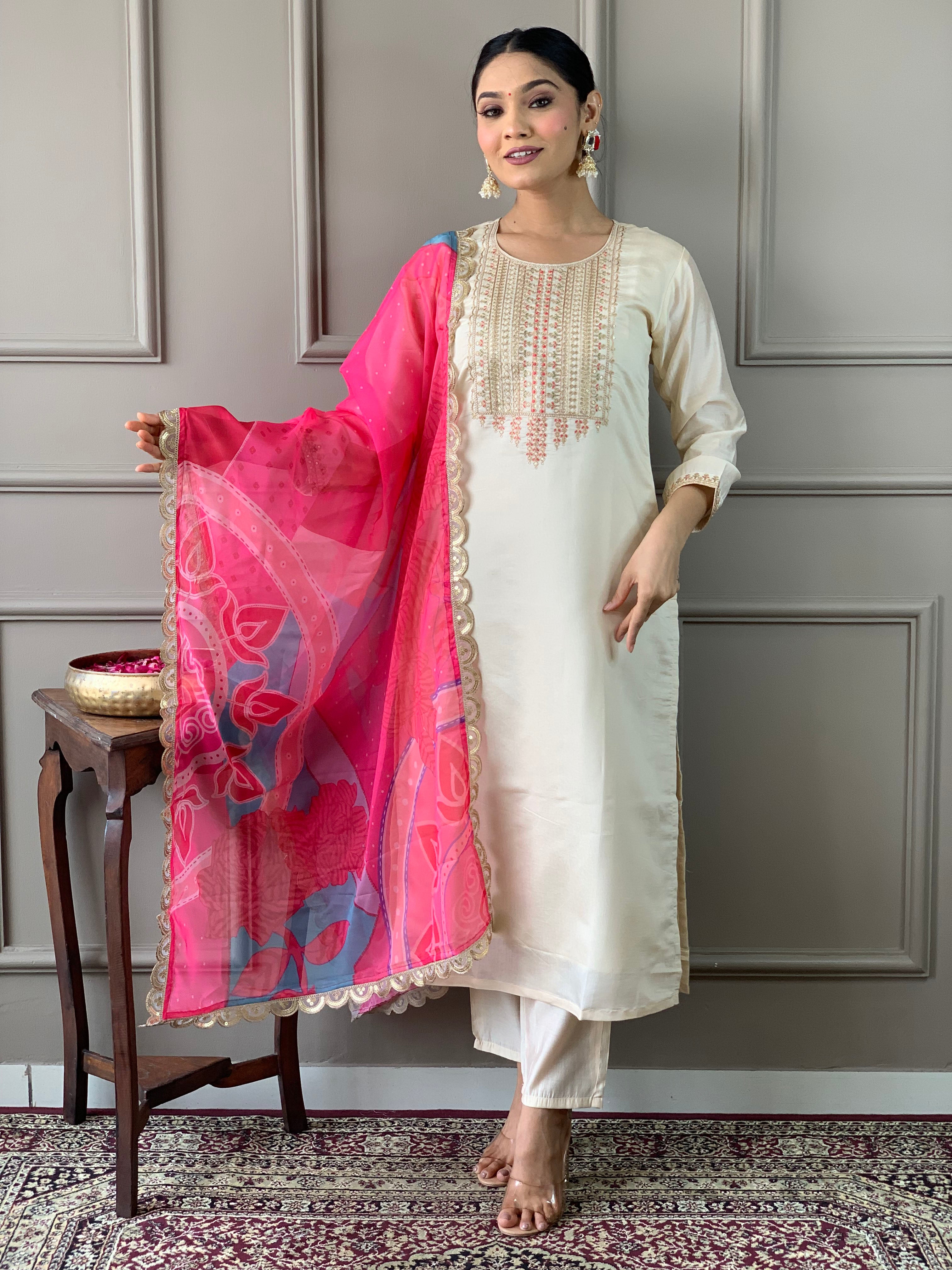 Exceptional Off White Chanderi Silk Embroidary Suit Set