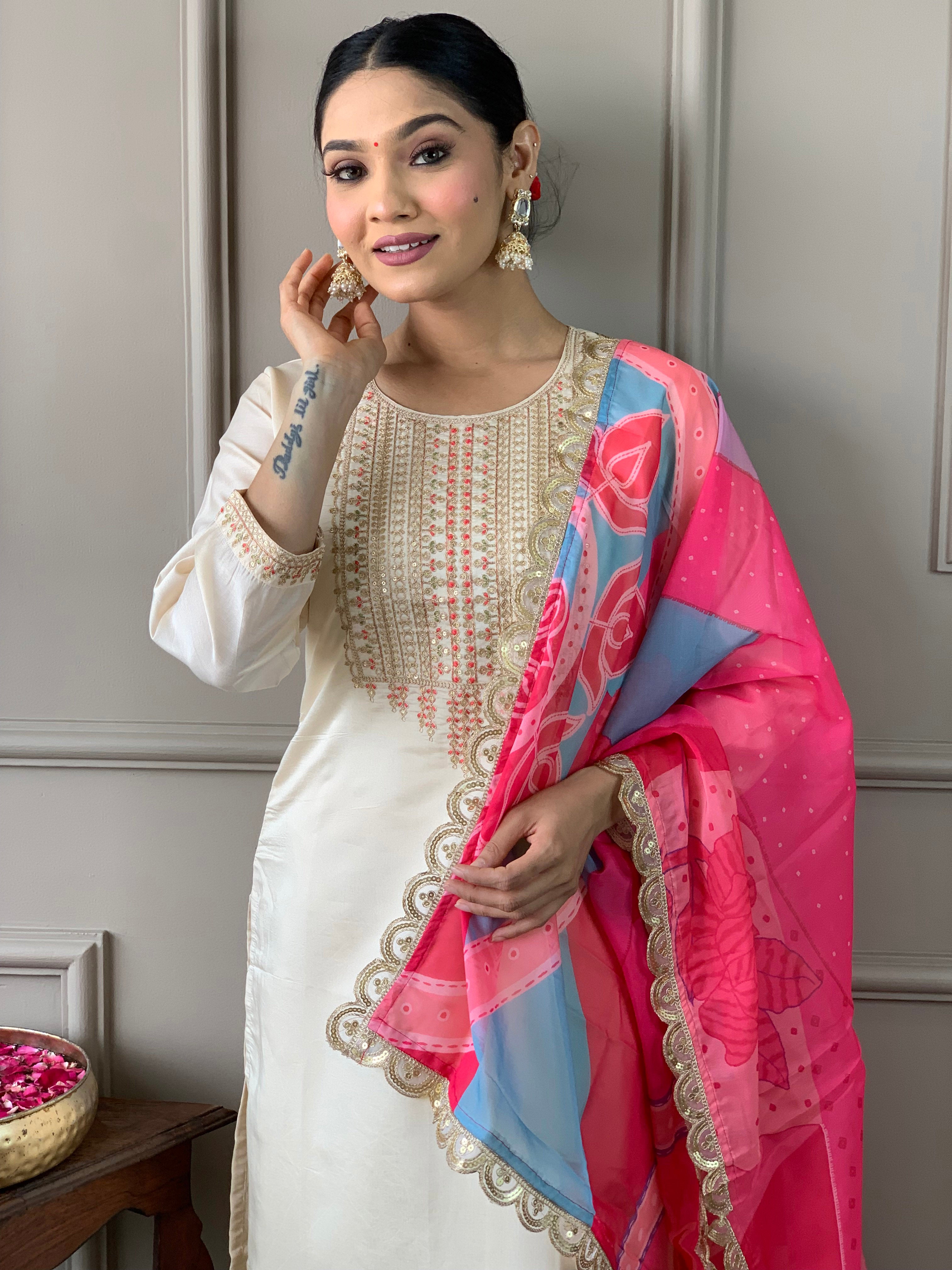 Exceptional Off White Chanderi Silk Embroidary Suit Set