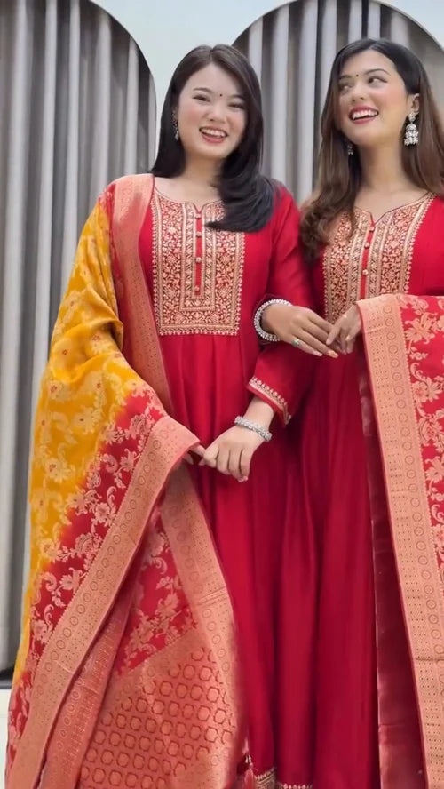 Beautiful Anarkali Silk Suit Set with Banarasi Dupatta