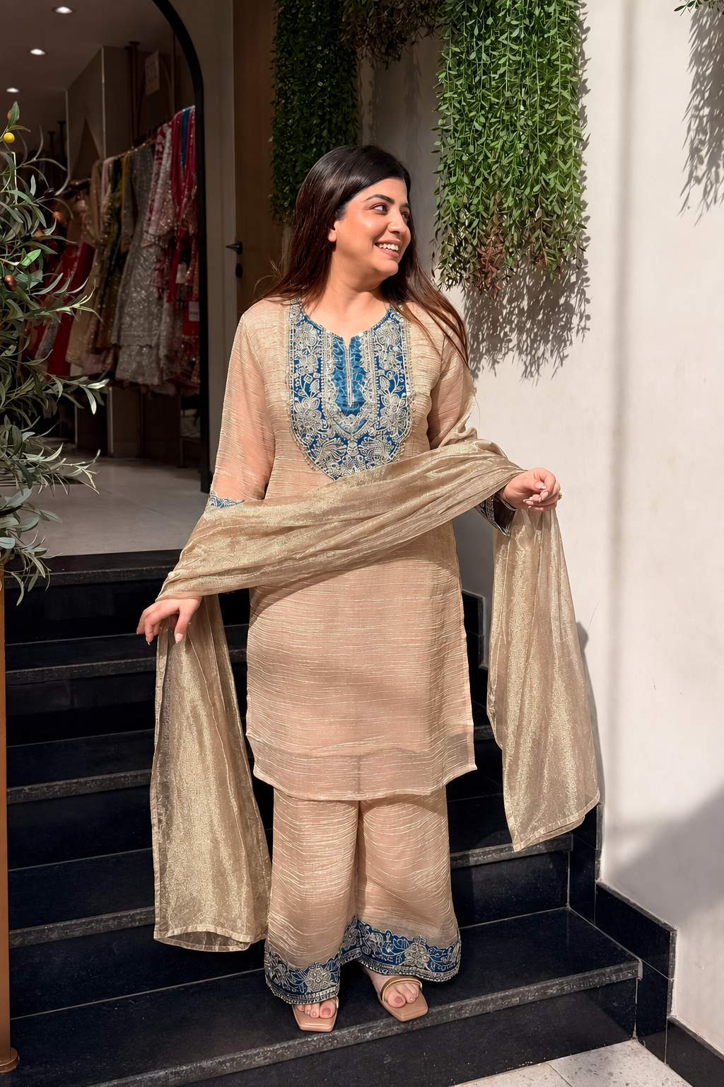 Swati Cream Tissue Silk Embroidered Suit Set
