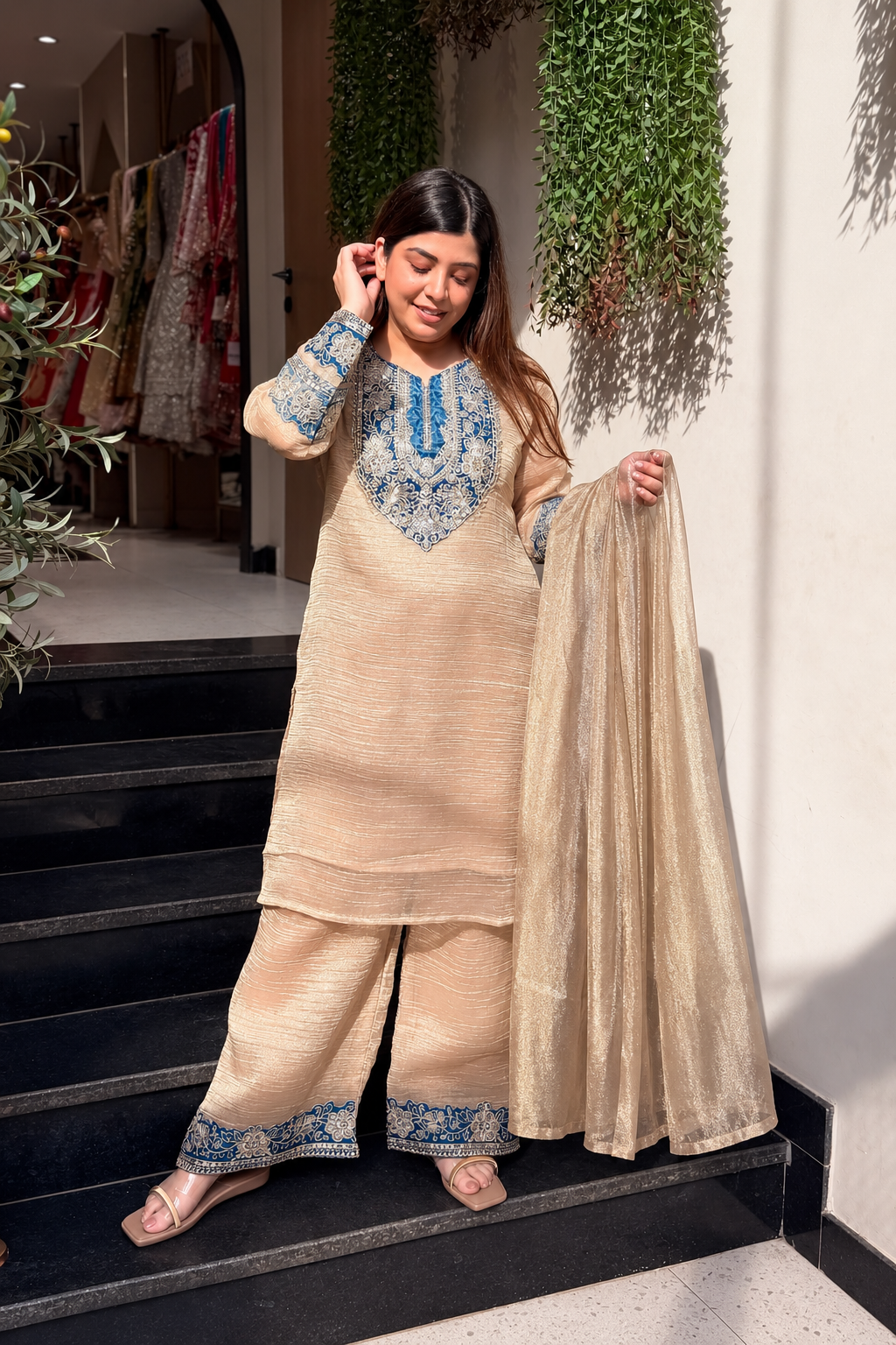 Swati Cream Tissue Silk Embroidered Suit Set