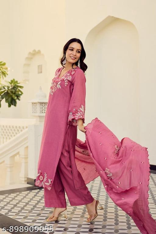 Vamika Onion Pink Floral Threadwork Silk Suit Set