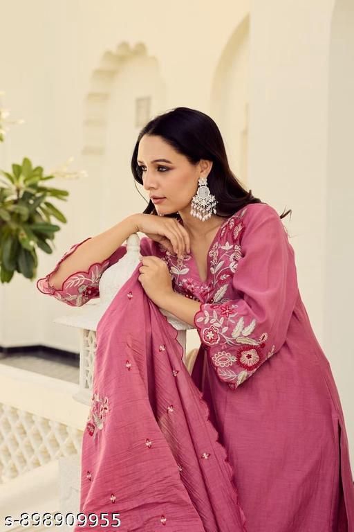 Vamika Onion Pink Floral Threadwork Silk Suit Set