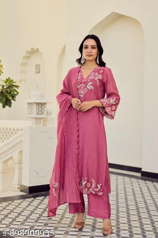 Vamika Onion Pink Floral Threadwork Silk Suit Set