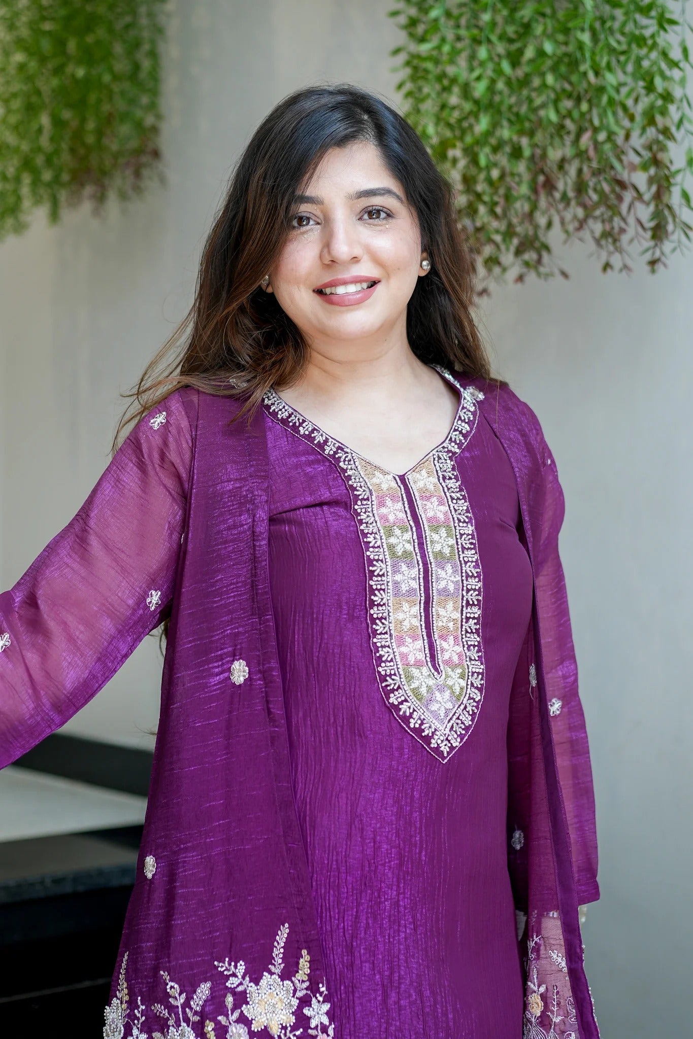 Premium Embroidered Chinon Silk Kurta Pant With Koti Set