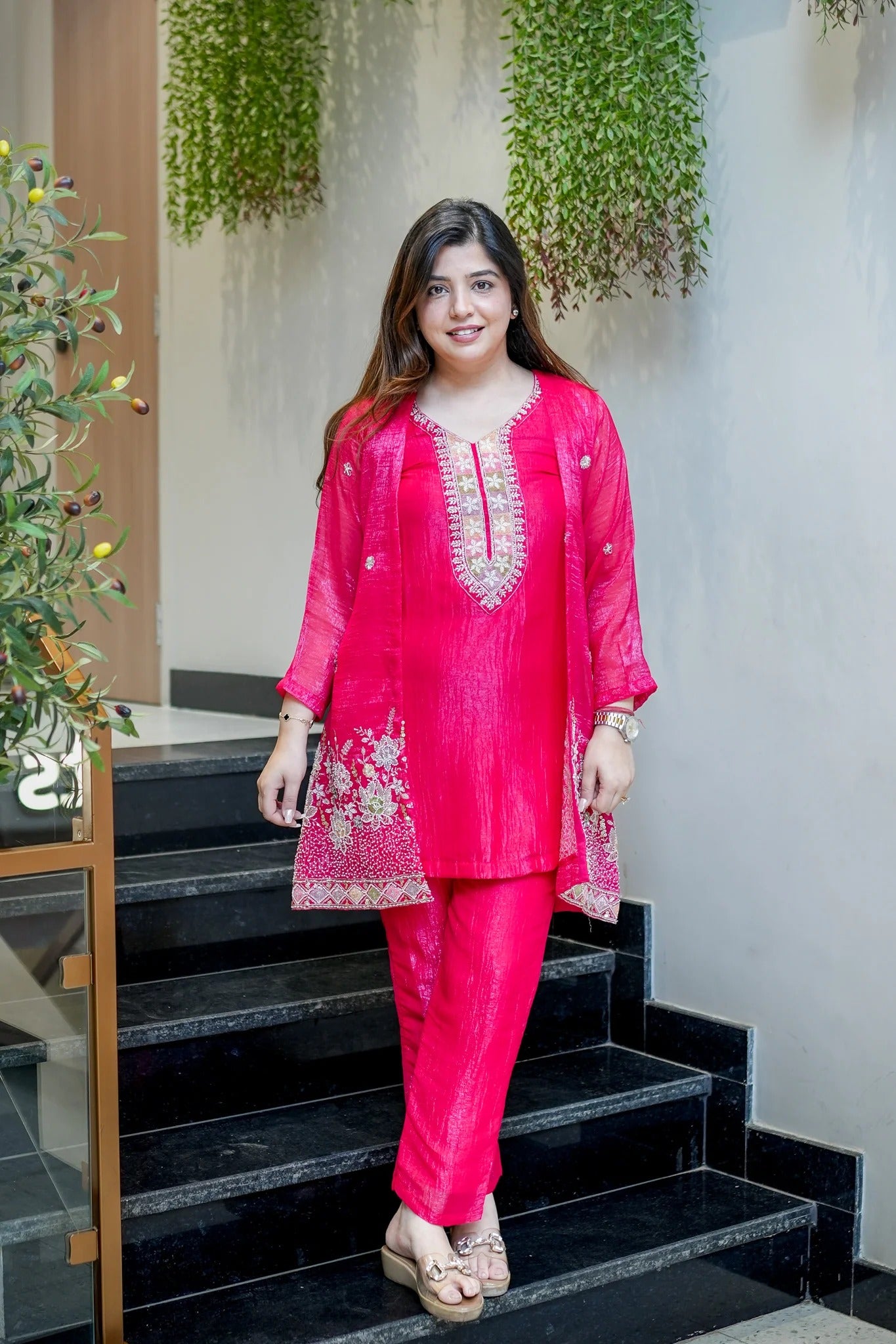 Premium Embroidered Chinon Silk Kurta Pant With Koti Set