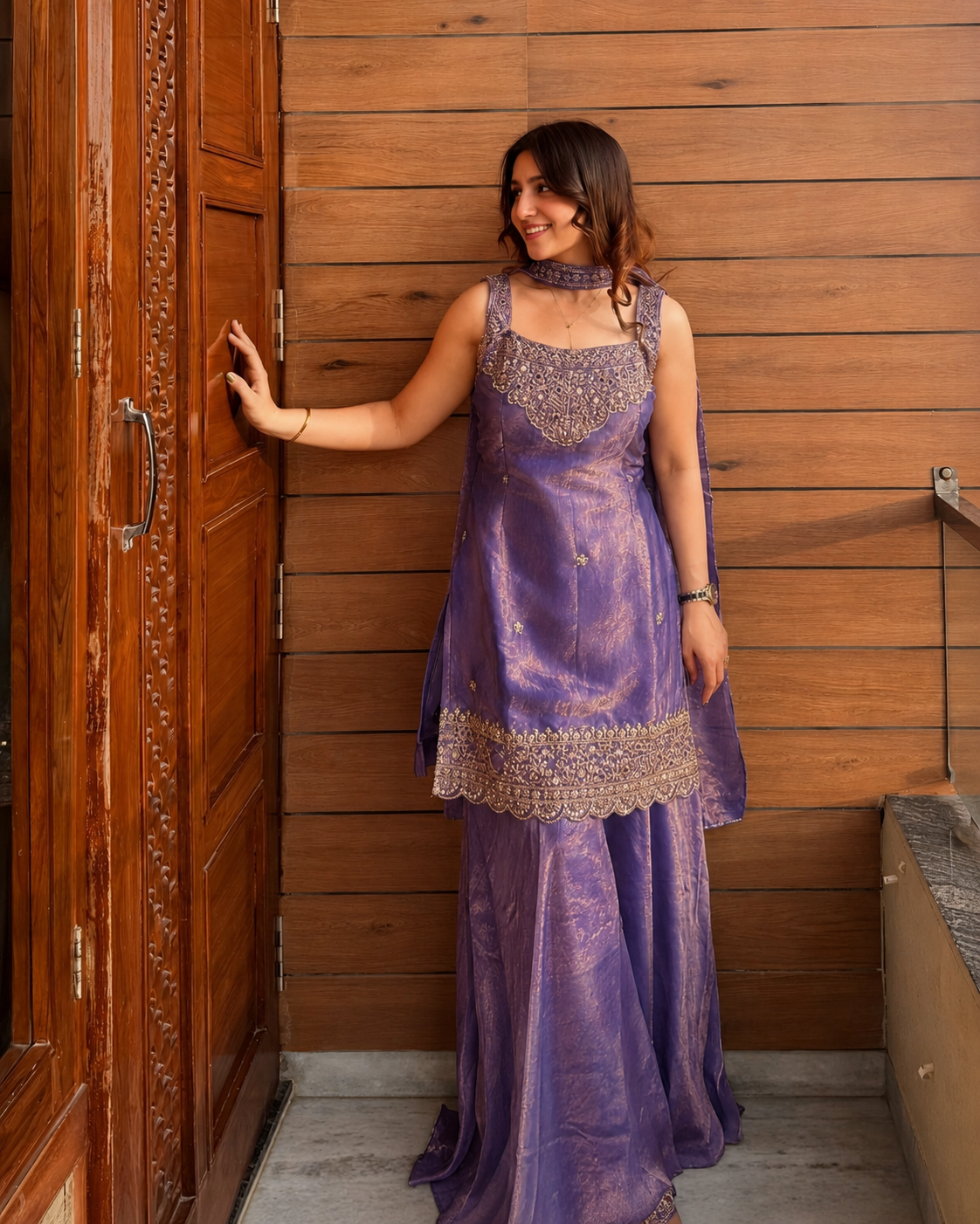 Deep Purple Heavy Embroidered Sleeveless Sharara Set