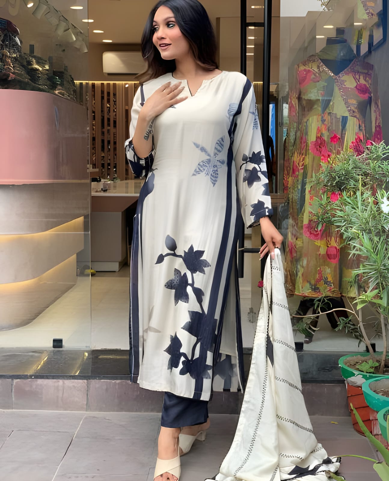 Desultory Black Beautiful Muslin Flower Print Suit Set