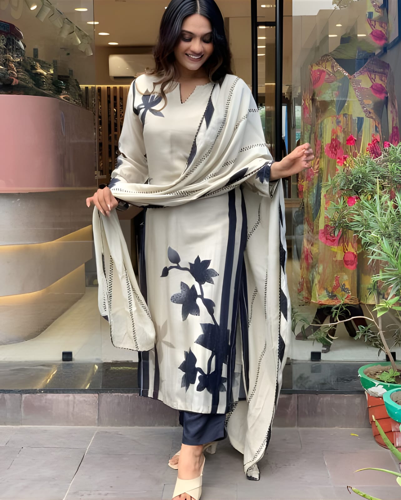 Desultory Black Beautiful Muslin Flower Print Suit Set