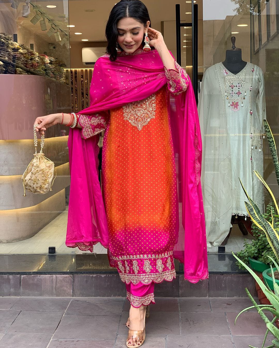 Mesmeric Orange Designer Chinon Suit Set With Heavy Dupatta