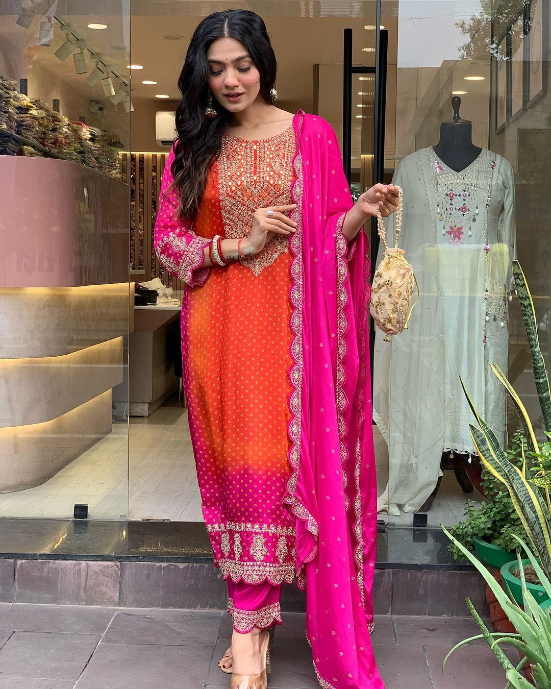 Mesmeric Orange Designer Chinon Suit Set With Heavy Dupatta