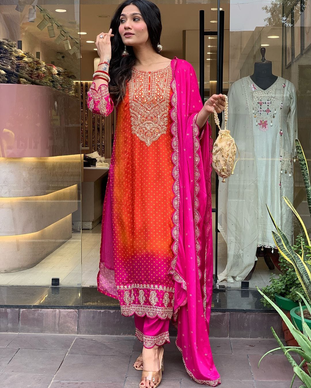 Mesmeric Orange Designer Chinon Suit Set With Heavy Dupatta
