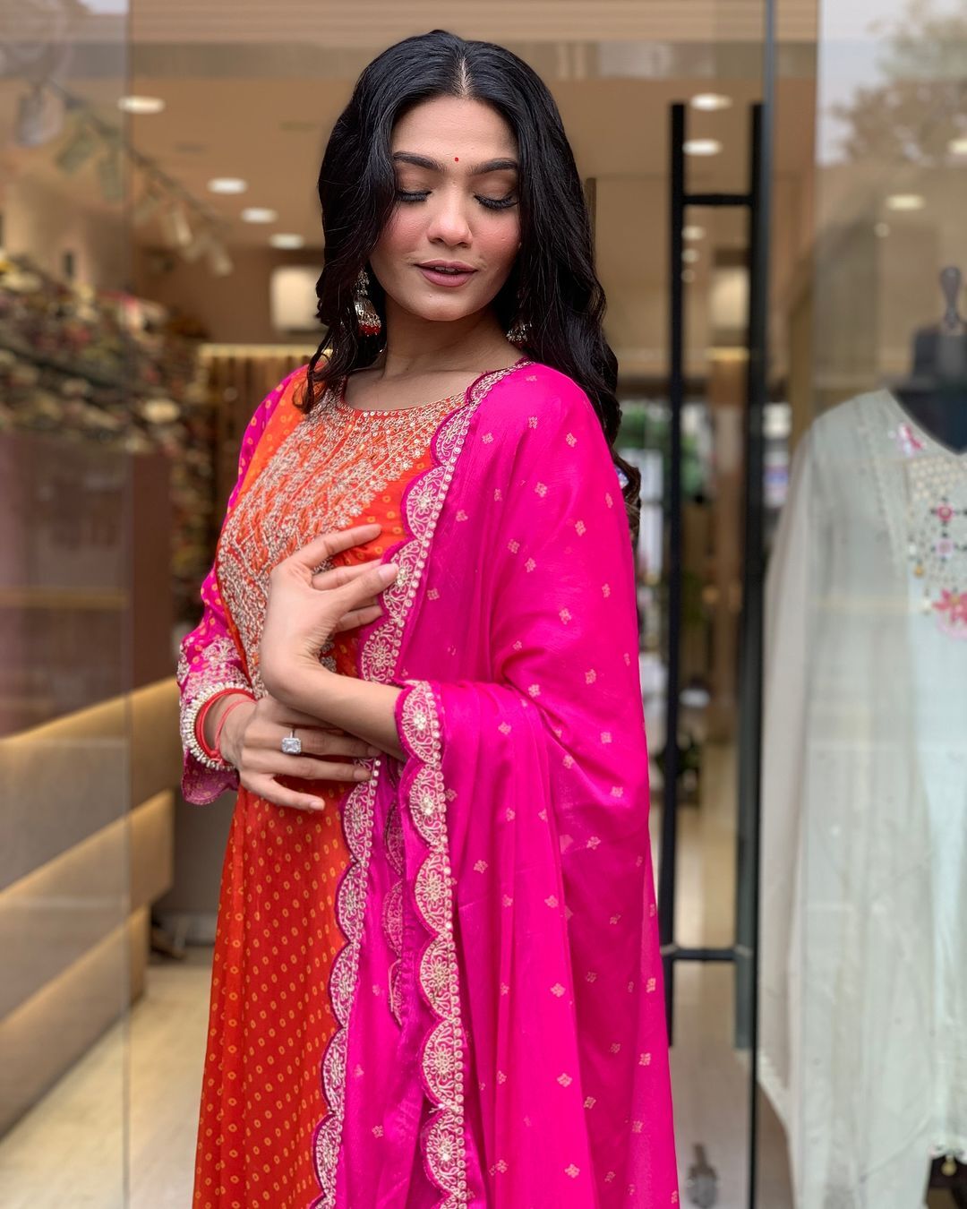 Mesmeric Orange Designer Chinon Suit Set With Heavy Dupatta