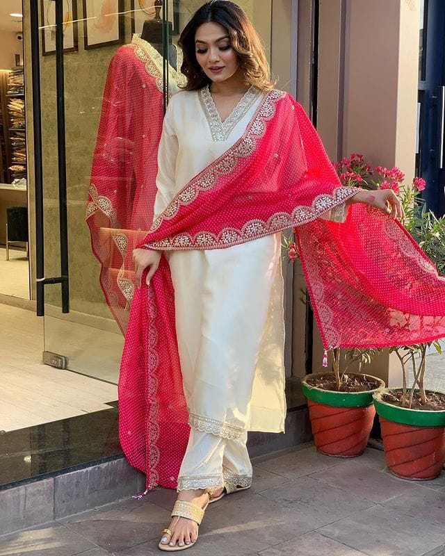 Sensational White Trending Viscose Chanderi Embroidary Suit Set