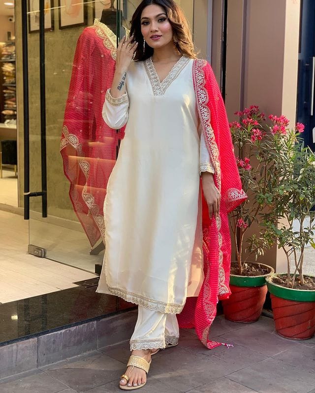 Sensational White Trending Viscose Chanderi Embroidary Suit Set