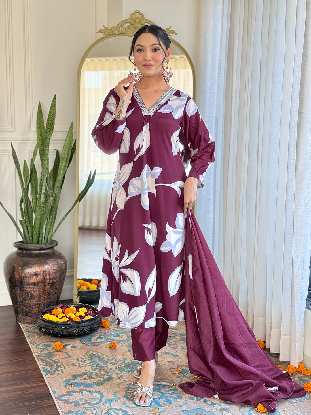 Most Beautiful French Creap Suit Set With Chanderi Dupatta
