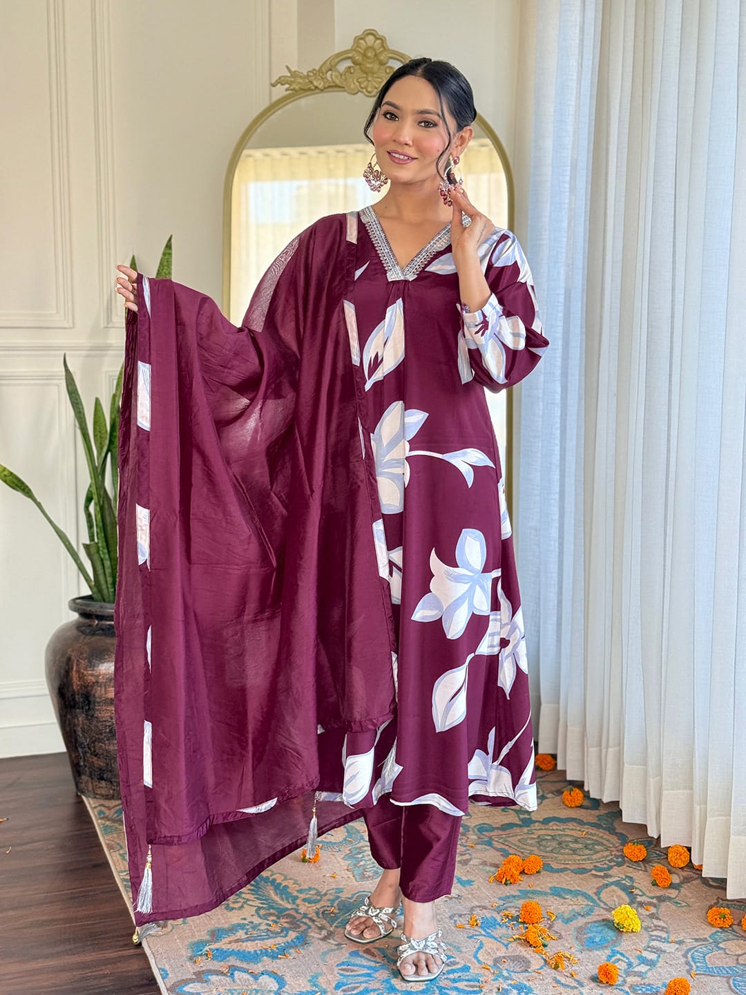 Most Beautiful French Creap Suit Set With Chanderi Dupatta