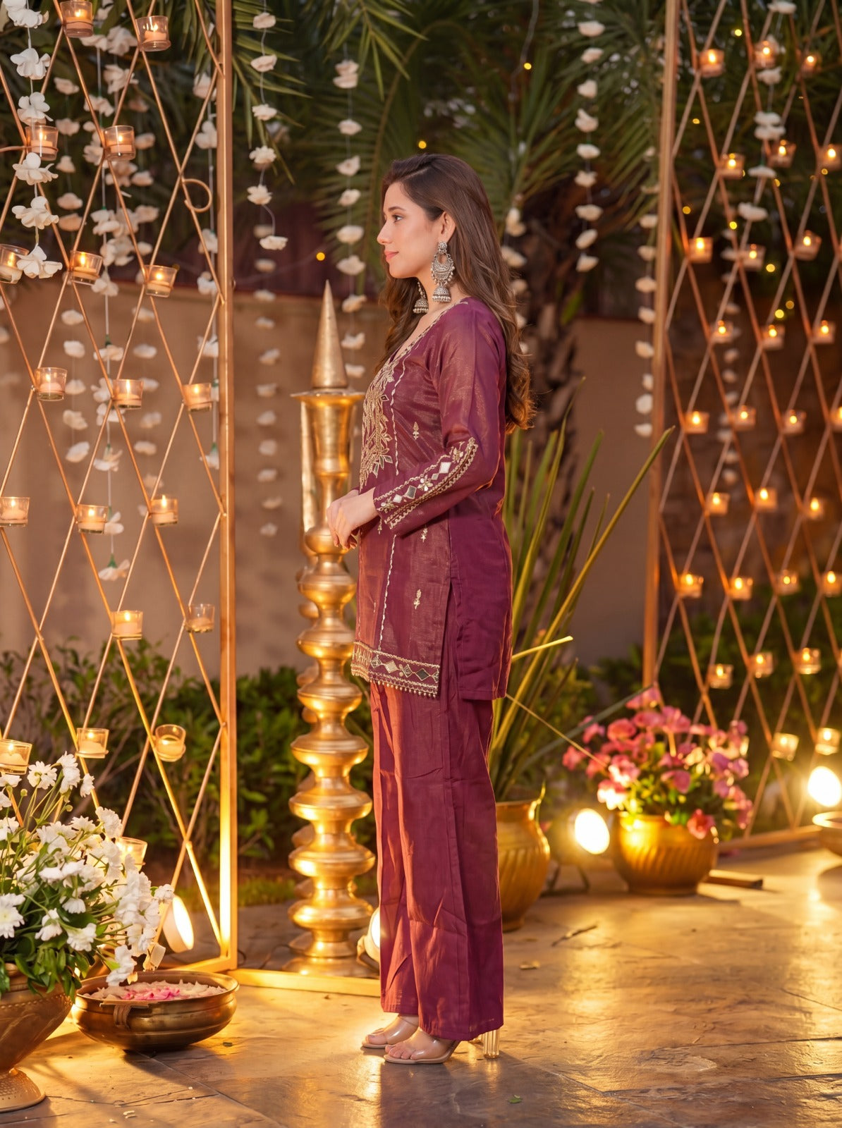 Maharani Wine Signature Mirror Embellished Plazo Set