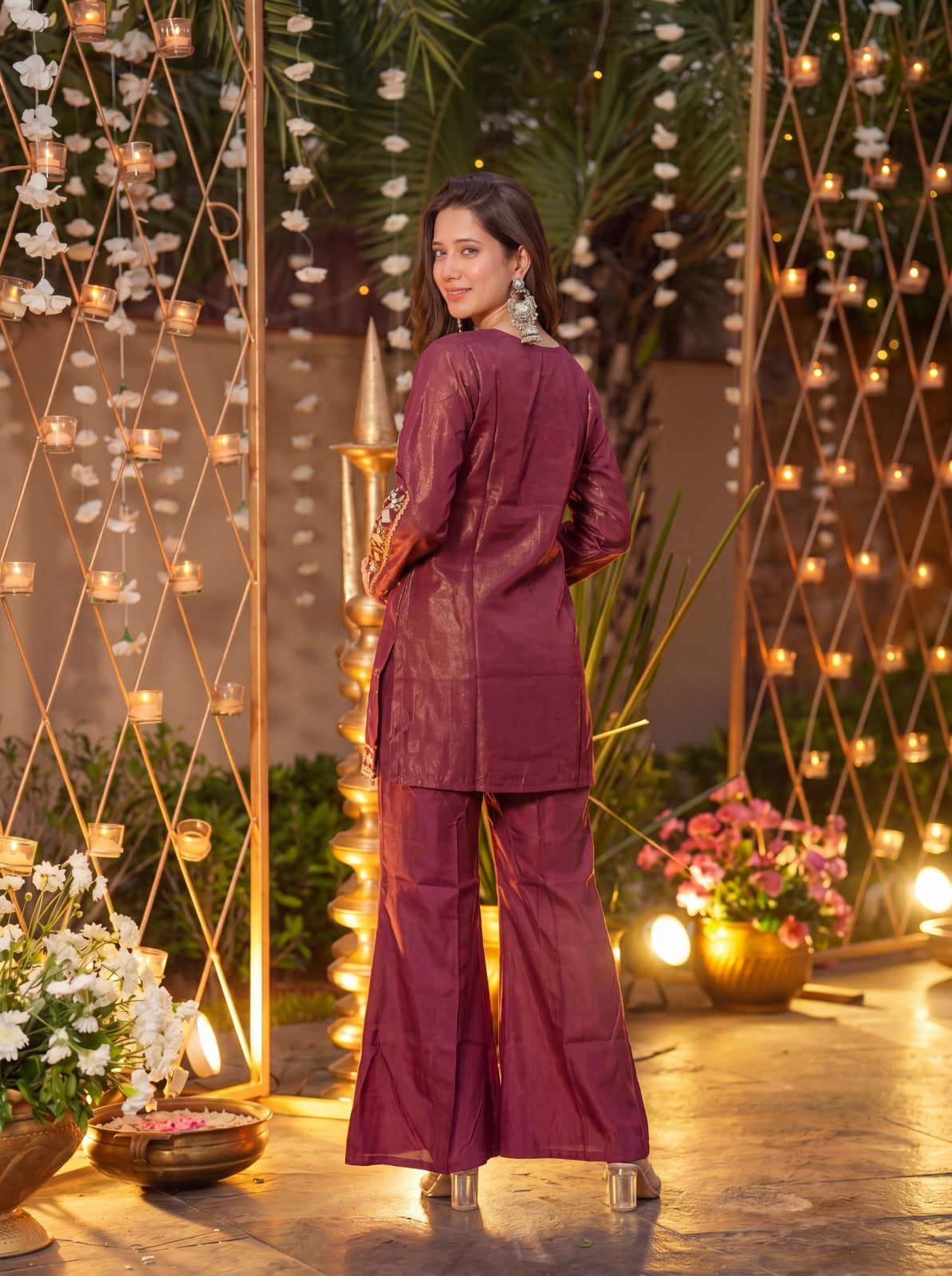 Maharani Wine Signature Mirror Embellished Plazo Set