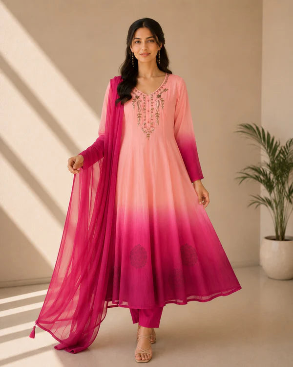 Pink Ombre Embroidered Anarkali Suit Set with Dupatta