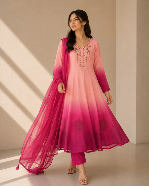 Pink Ombre Embroidered Anarkali Suit Set with Dupatta