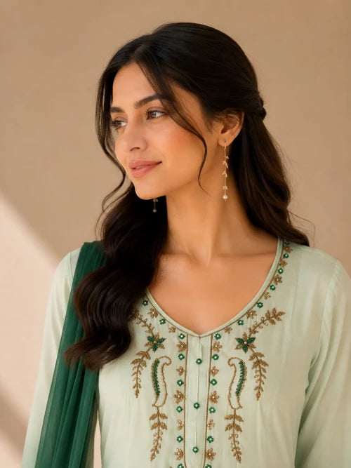 Mint Green Embroidered Anarkali Suit Set with Dupatta