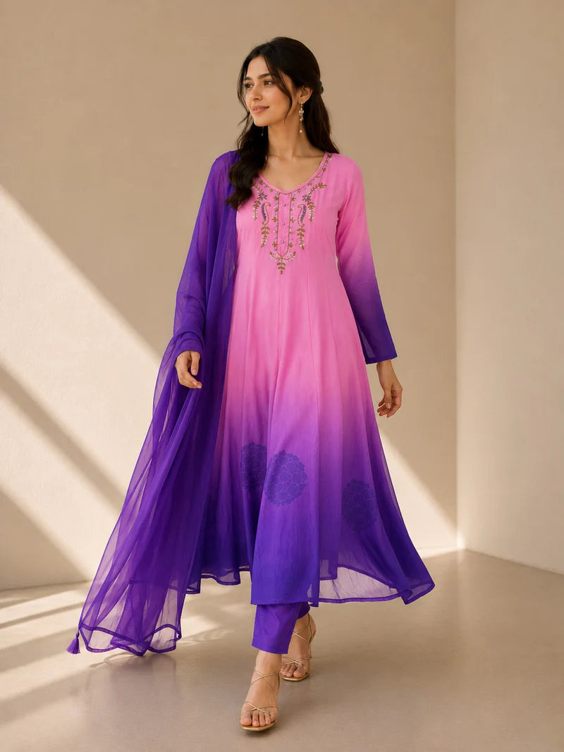 Pink & Royal Purple Embroidered Anarkali Suit Set with Dupatta