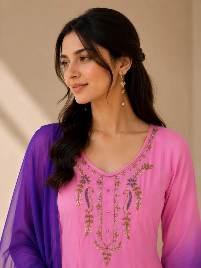 Pink & Royal Purple Embroidered Anarkali Suit Set with Dupatta
