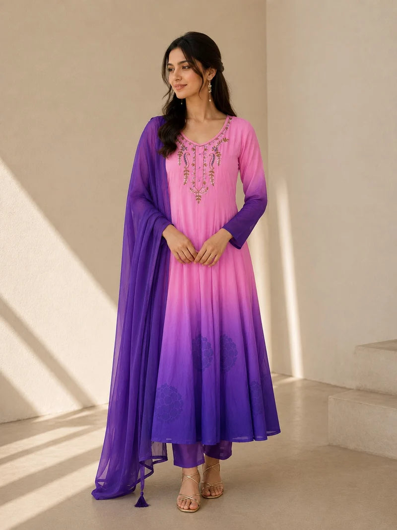 Pink & Royal Purple Embroidered Anarkali Suit Set with Dupatta