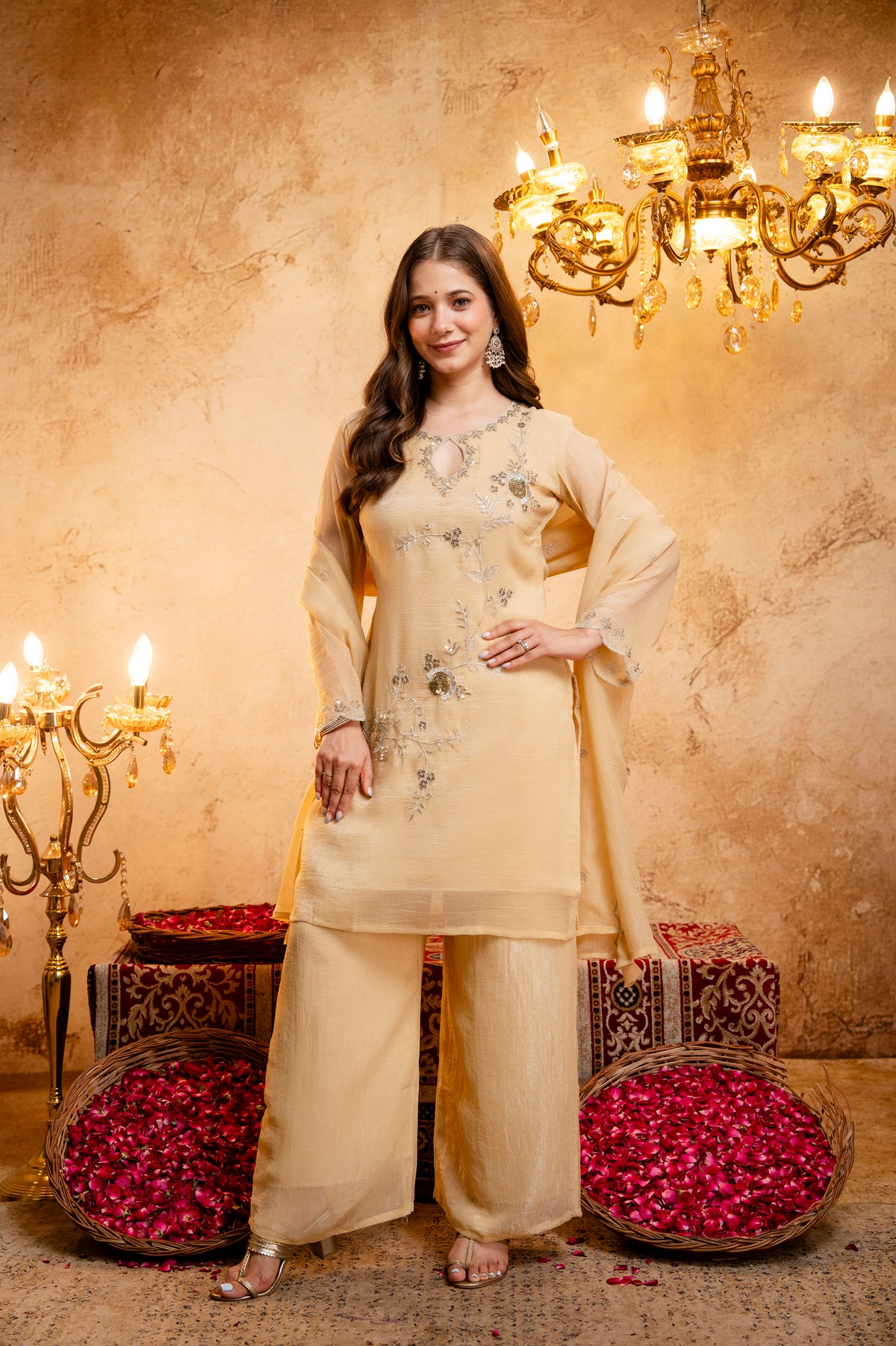 Ahilya Pastel Yellow Keyhole Embroidered Kurta Suit Set