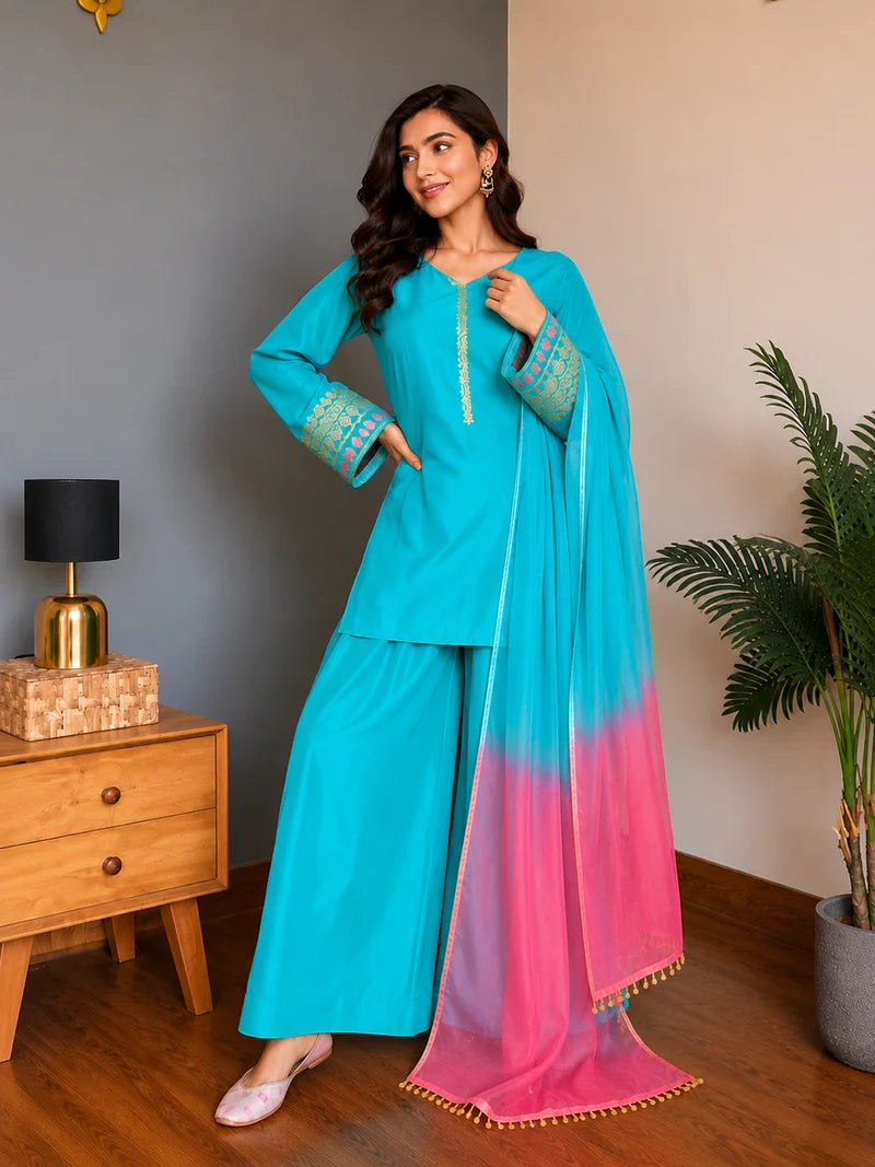 Amani Sky Blue Embroidered Suit Set