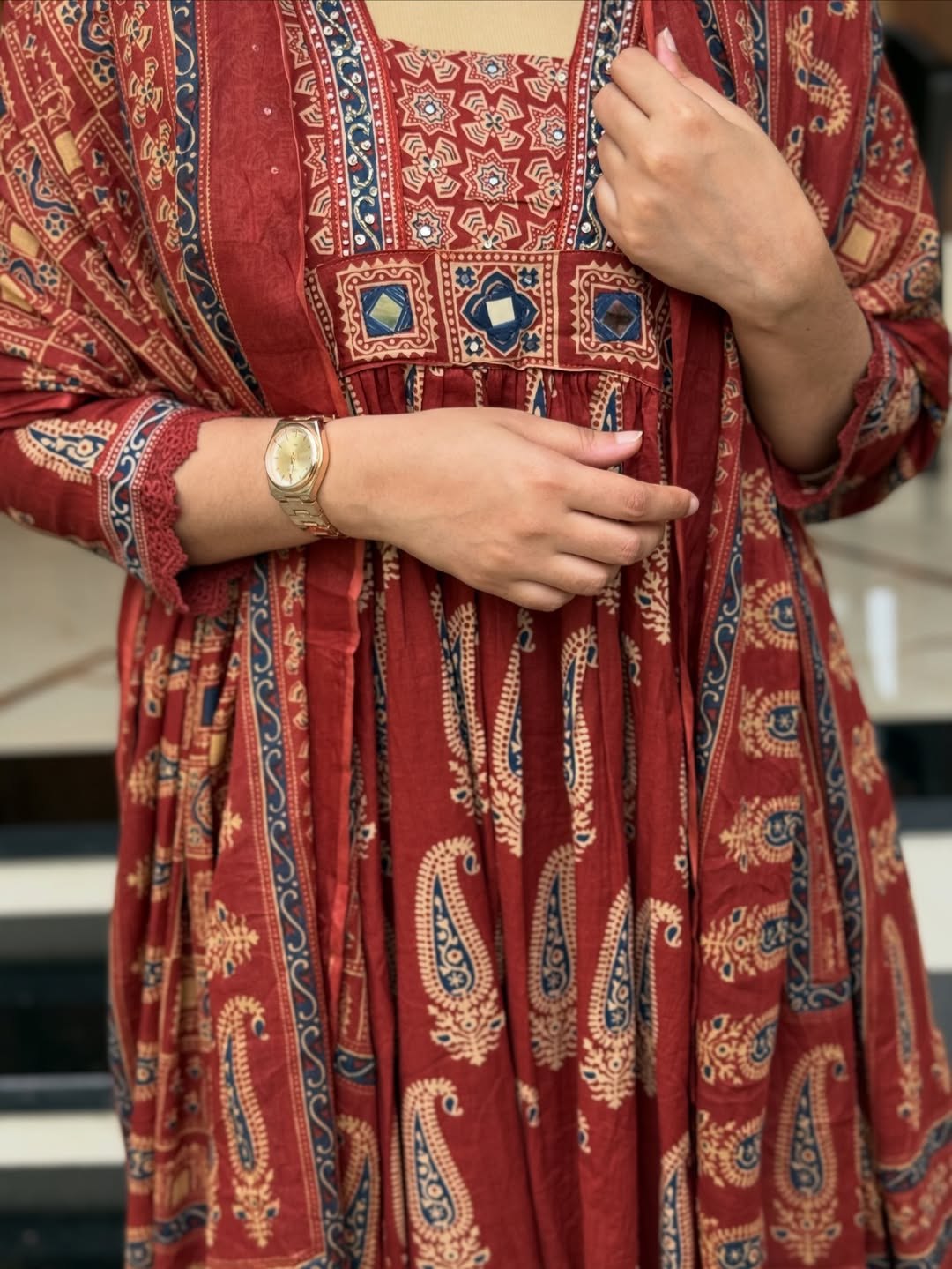 Very Graceful Pure Mul Cotton ajarakh A-Line Suit Set