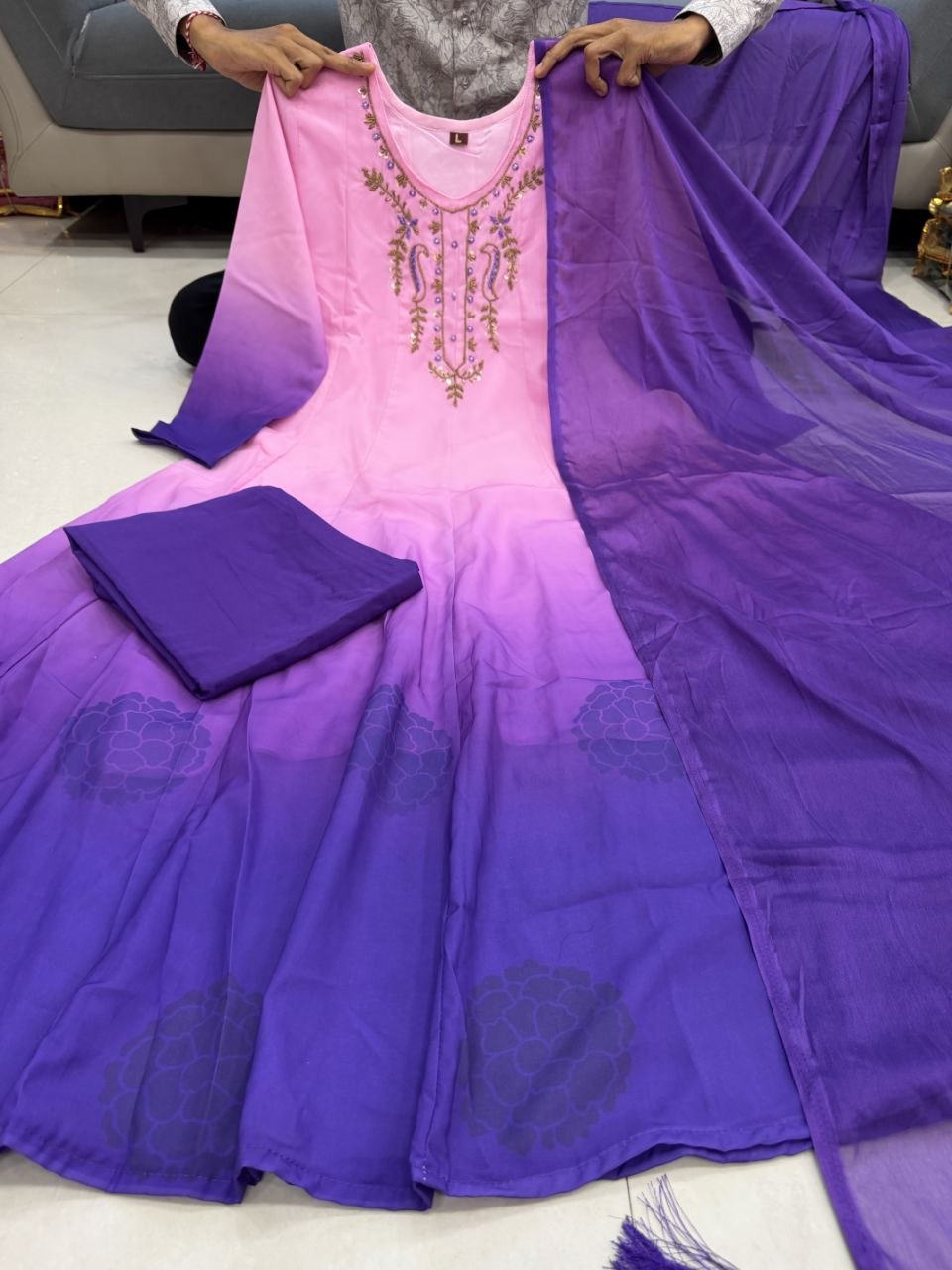 Pink & Royal Purple Embroidered Anarkali Suit Set with Dupatta