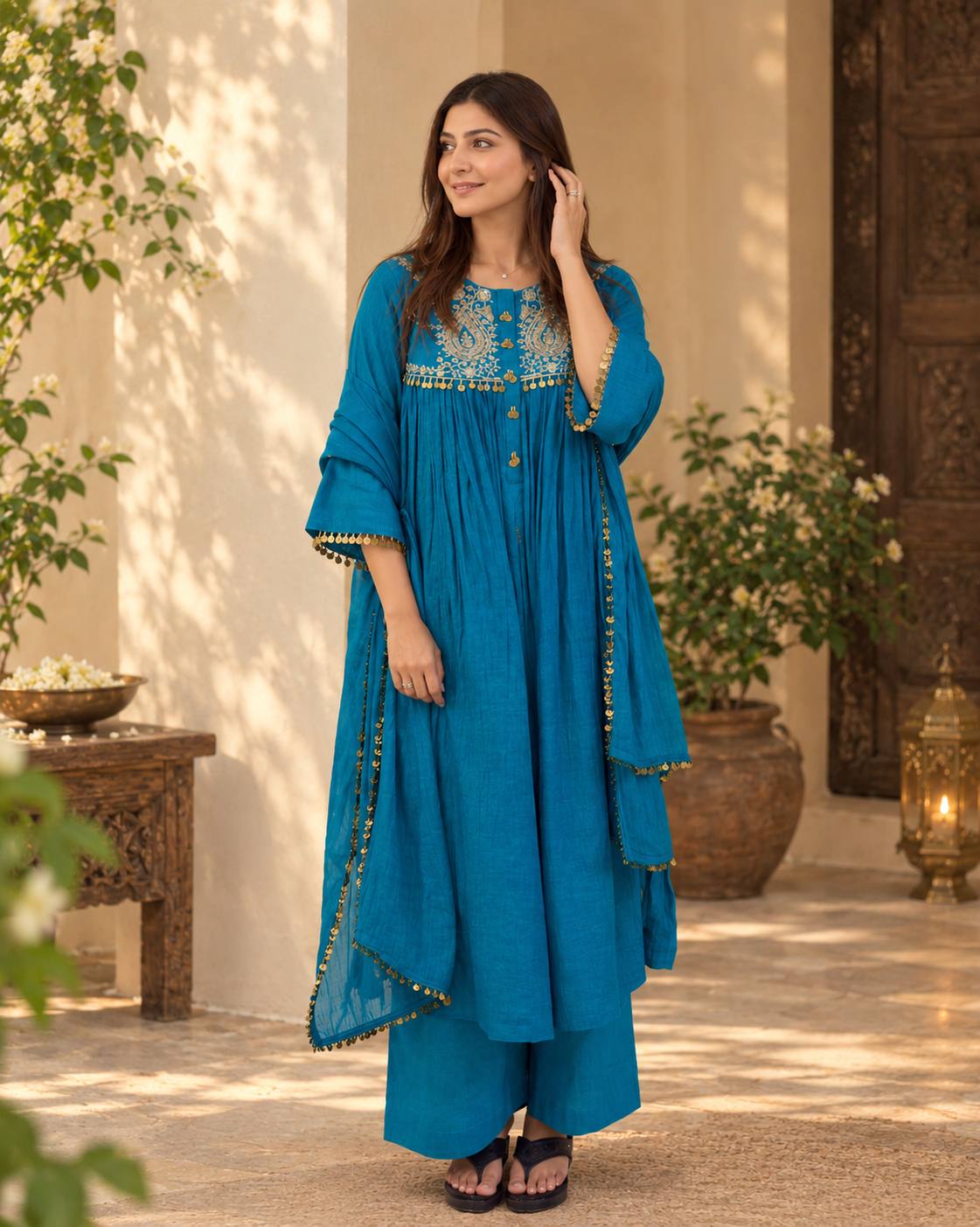 Royal Teal Elegance Embroidered Kurta Set with Palazzo And Dupatta
