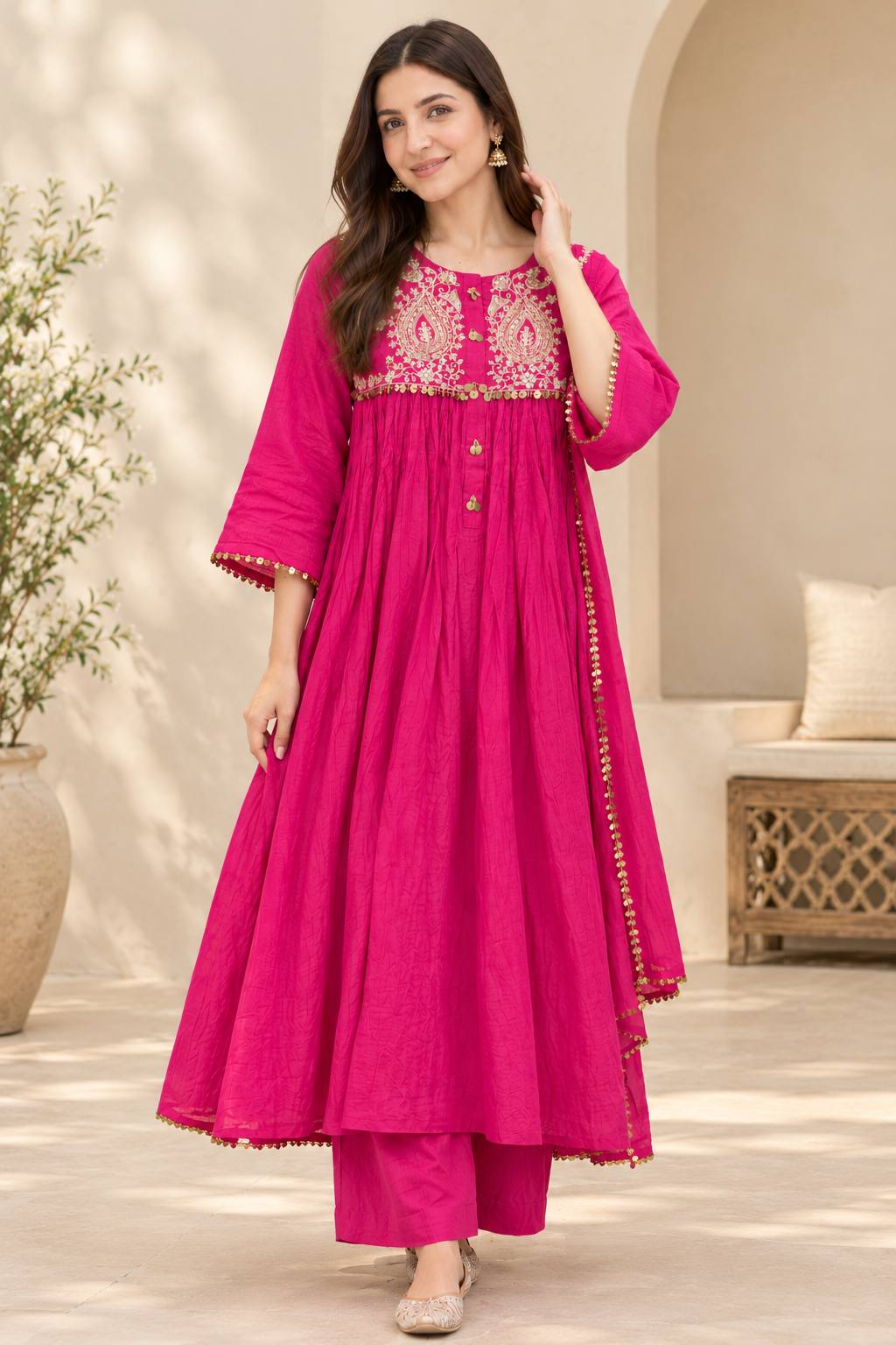 Pink Embroidered Anarkali Suit Set with Dupatta