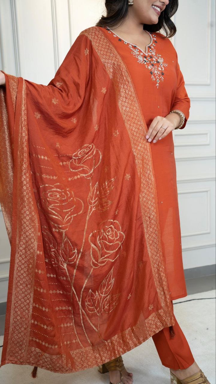 Stunning Roman Silk Hand Work Kurta Set With Dupatta