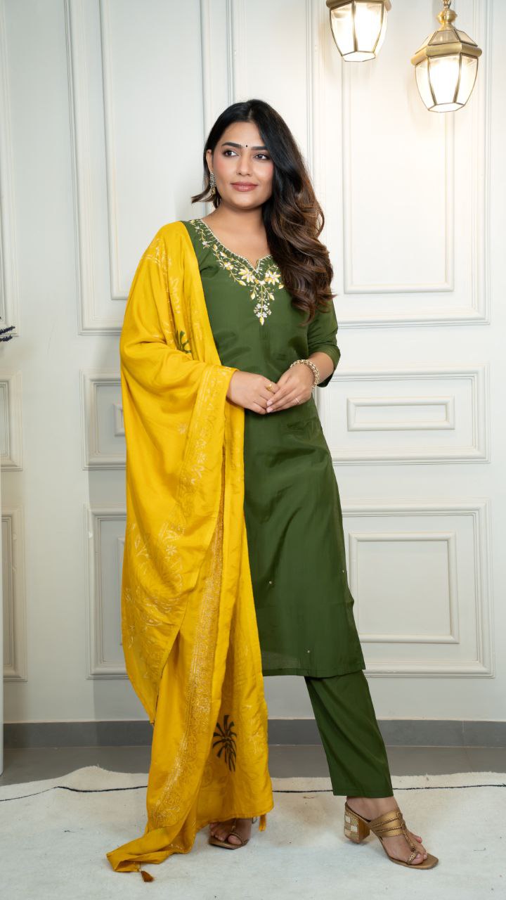 Delightful Roman Silk Hand Work Kurta Set With Dupatta