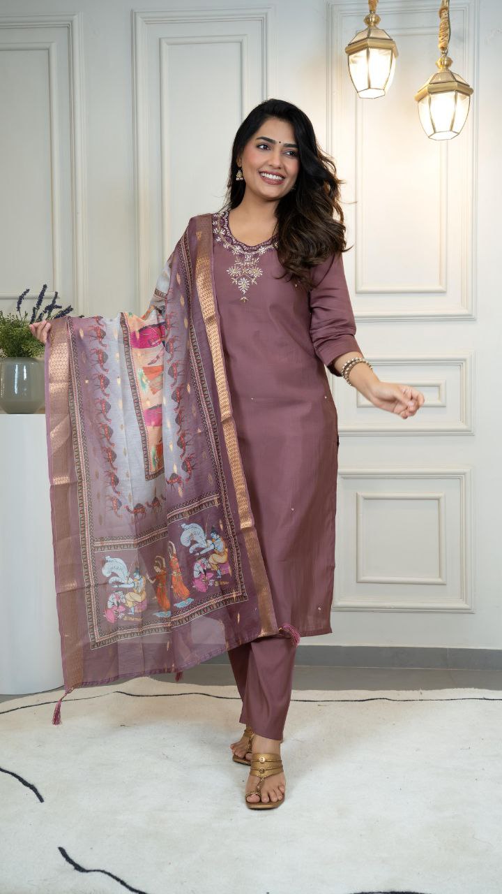 Gorgeous Roman Silk Hand Work Kurta Set With Dupatta