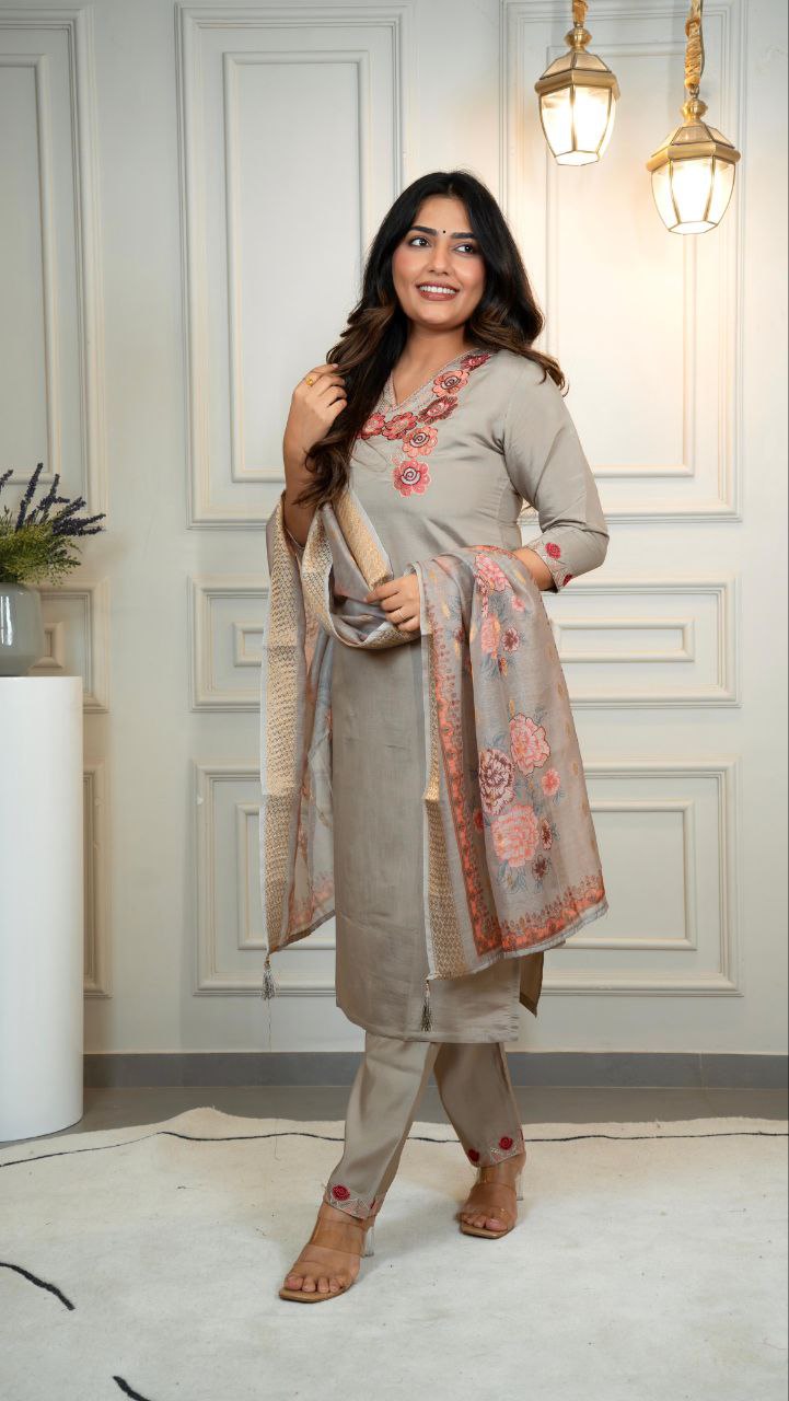 Most Glamorous Roman Silk Hand Work Kurta Set With Dupatta
