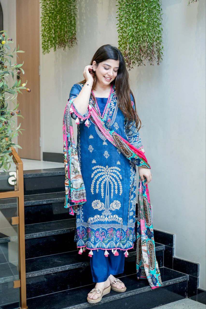 Navy Blue Embroidered Muslin Suit Set with Printed Dupatta