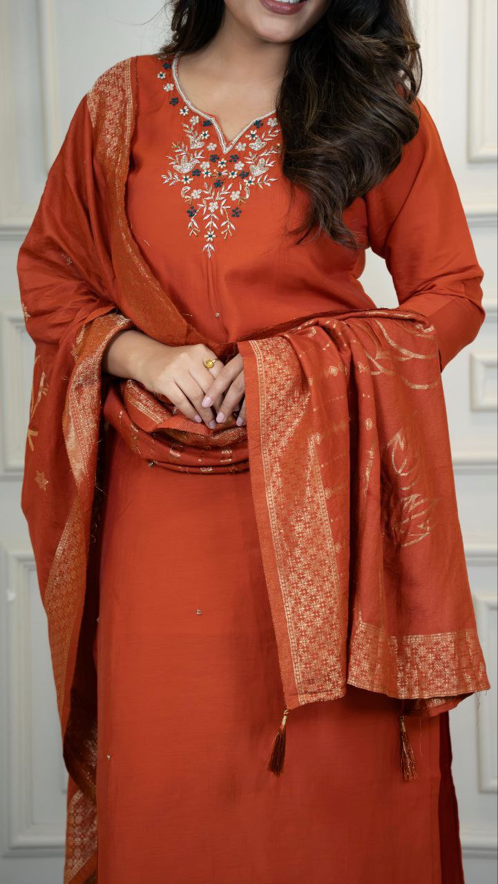 Stunning Roman Silk Hand Work Kurta Set With Dupatta