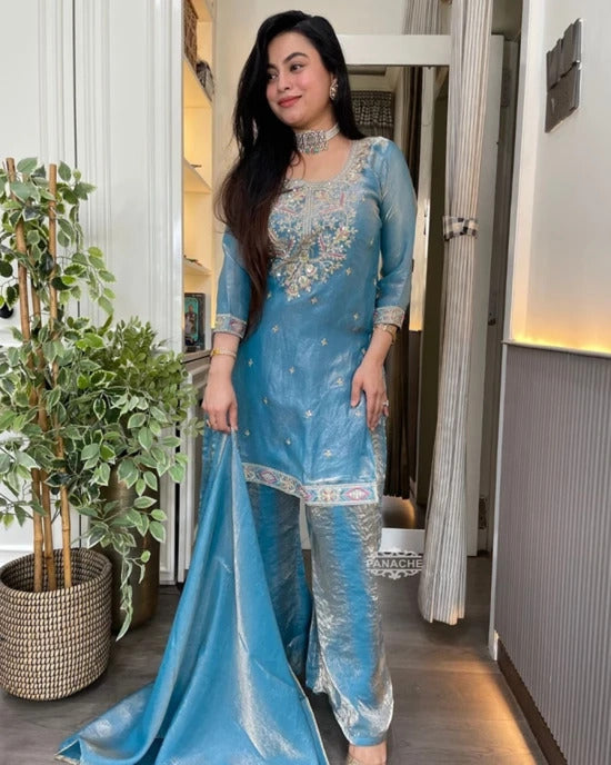 Jhanvi Sky Blue Tissue Silk Embroidered Suit Set