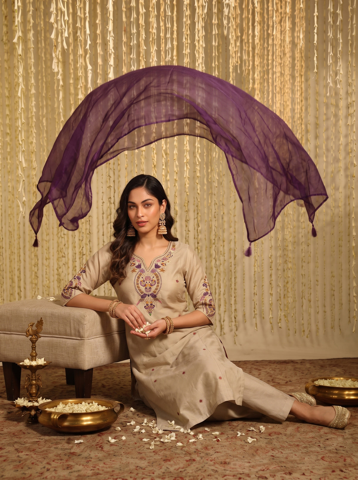 Kiyara Beige Embroidered Chanderi Suit Set